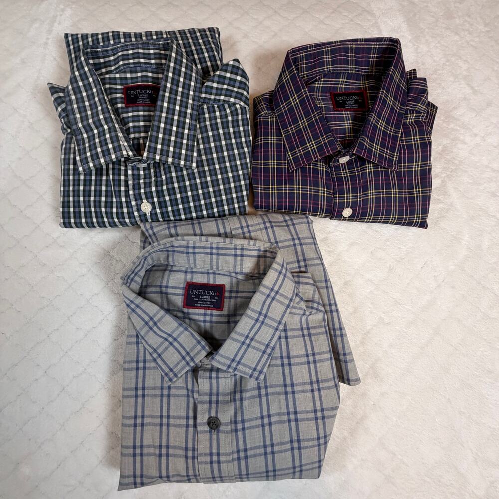 Untuckit Mens Button-Up Shirt X-Large Red White Blue Gingham Check